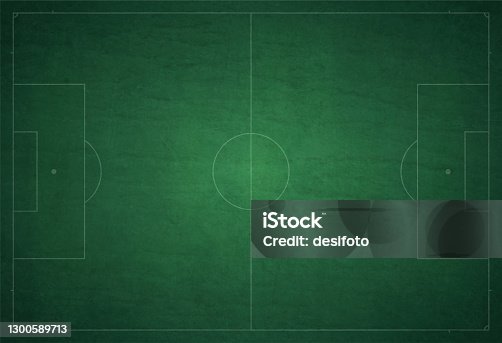 istock Green coloured gradient and grunge textured soccer ground / field vector background with white color markings 1300589713