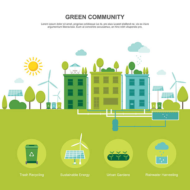 Green Community Sustainable Environment Colorful vector illustration of sustainable environment-friendly community concept in modern flat design. Easy to edit, elements are grouped, no effects. roof garden stock illustrations