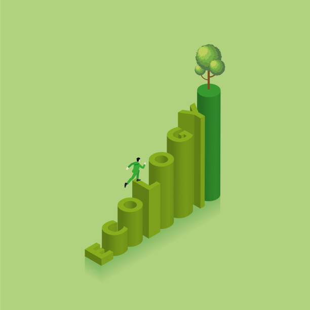 green concept of environmental concern, earth day, growing, save the planet, eco friendly. a man runs and steps up a stair text word ecology with a tree on top. isometric vector illustration. - esg 幅插畫檔、美工圖案、卡通及圖標