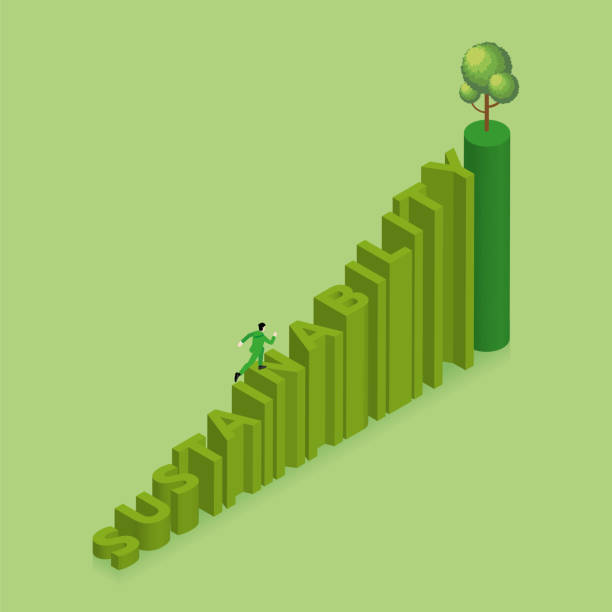 green concept of environmental concern, earth day, growing, save the planet, eco friendly. a man runs and steps up a stair text word sustainability with a tree on top. isometric vector illustration. - esg 幅插畫檔、美工圖案、卡通及圖標