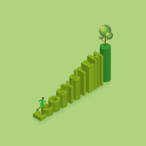 green concept of environmental concern, earth day, growing, save the planet, eco friendly. a man runs and steps up a stair text word ecosystem with a tree on top. isometric vector illustration. - esg 幅插畫檔、美工圖案、卡通及圖標