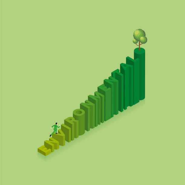 green concept of environmental concern, earth day, growing, save the planet, eco friendly. a man runs and steps up a stair text word environmental with color gradation and a tree on top of stairs. - esg 幅插畫檔、美工圖案、卡通及圖標