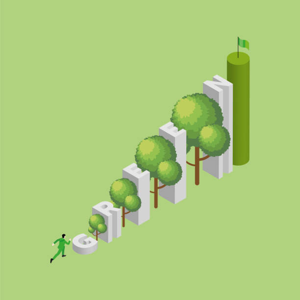 zielona koncepcja troski o środowisko, dzień ziemi, uprawa, ratowanie planety, przyjazna dla środowiska. mężczyzna biegnie i wchodzi po schodach ze schodami słowo zielony ułożone z drzewami z zieloną flagą na górze. wektor izometryczny. - esg stock illustrations
