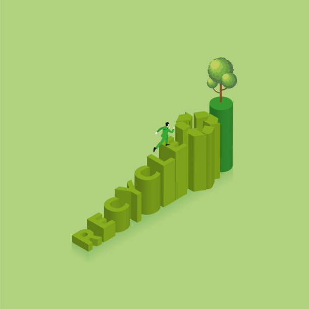 zielona koncepcja troski o środowisko, dzień ziemi, wzrost, ratowanie planety, przyjazny dla środowiska. mężczyzna biegnie i podchodzi do słowa tekstowego recycle i symbolu z drzewem na szczycie schodów. izometryczna ilustracja wektorowa - esg stock illustrations