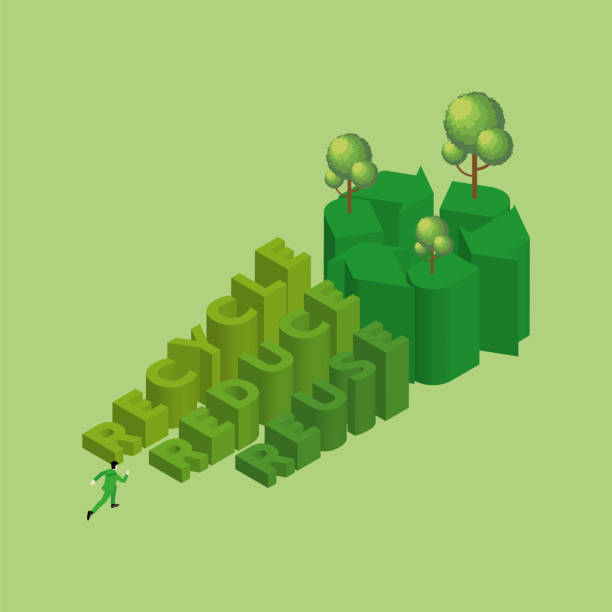 환경 문제의 녹색 개념, 지구의 날, 성장, 지구를 저장, 환경 친화적 인. 한 남자가 계단 위에 나무가 있는 텍스트 단어 recycle, 축소, 재사용 및 재활용 기호를 실행하여 진행합니다. - esg stock illustrations