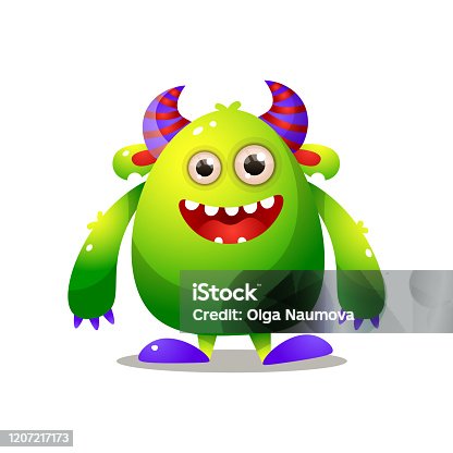 istock Green cute monster with violet horn and big hands 1207217173
