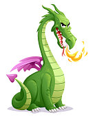 Vector illustration of a laughing green dragon with a long neck breathing fire and looking at the camera. Concept for fantasy creatures, fairy tales and dragons.
