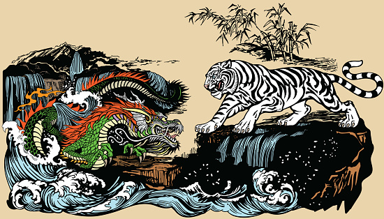 Green Chinese East Asian dragon versus White tiger in the landscape with waterfall,rocks and water waves  . Two spiritual creatures in Classical Feng Shui representing Yin Yang. Graphic style vector illustration vector