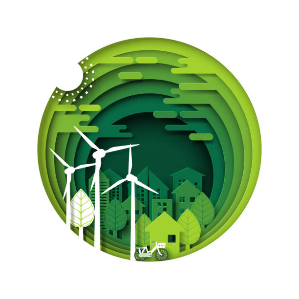illustrazioni stock, clip art, cartoni animati e icone di tendenza di strato di taglio della carta ecologica verde e della carta forestale urbana - energia sostenibile