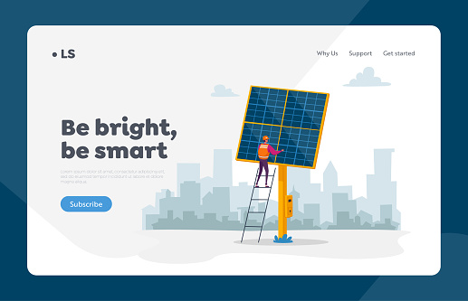 Green Eco City Technology Landing Page Template. Worker Character Stand on Ladder at Solar Panel on Cityscape. People Use Sunlight for Producing Electric Energy and Heat. Cartoon Vector Illustration