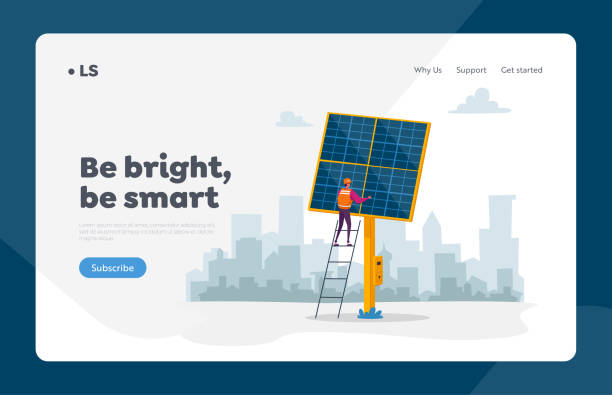 ilustrações de stock, clip art, desenhos animados e ícones de green eco city technology landing page template. worker character stand on ladder at solar panel on cityscape. people use sunlight for producing electric energy and heat. cartoon vector illustration - solar panels