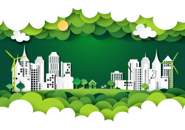 stockillustraties, clipart, cartoons en iconen met groene eco stad met natuur landschap achtergrondlagen papier kunststijl. - duurzaam bouwen