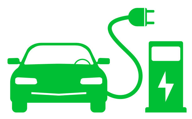 grünes elektroauto und ladestation symbol - electric car stock-grafiken, -clipart, -cartoons und -symbole