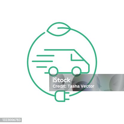 istock Green electric delivery van. Transportation vehicle inside circle with leaf and an electric plug. 1323006783