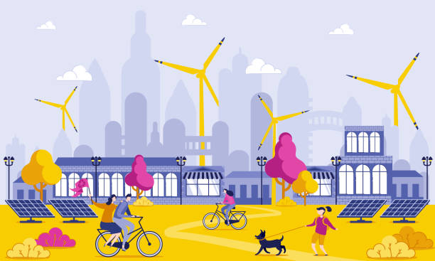 grüne energie in big city cartoon illustration. - sustainable future road stock-grafiken, -clipart, -cartoons und -symbole