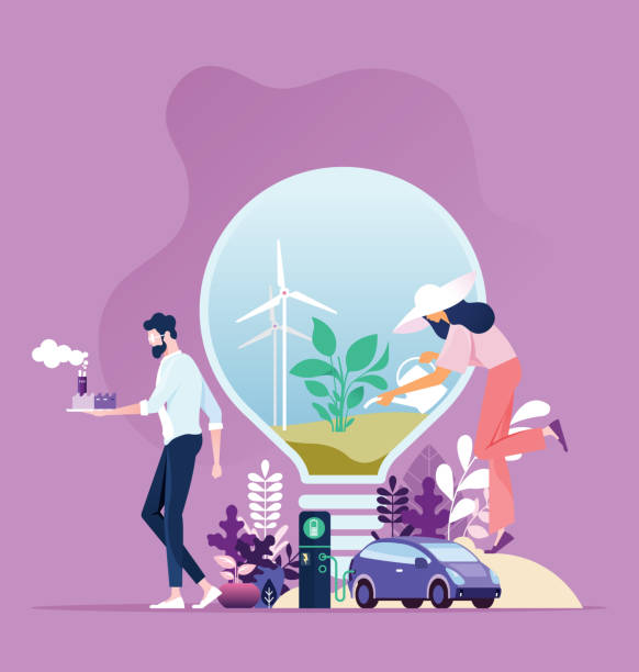 ilustrações, clipart, desenhos animados e ícones de energia verde. desenvolvimento sustentável da indústria com conservação ambiental - sustentabilidade
