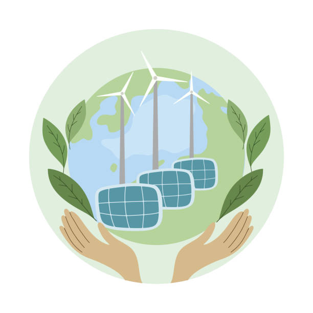 녹색 에너지, 안전한 손에 행성 지구, 생태학, egs, 태양 전지 패널 및 풍력 터빈. 지속 가능한 개발의 개념. 벡터. - esg stock illustrations