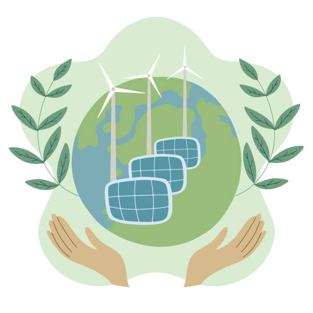 ilustraciones, imágenes clip art, dibujos animados e iconos de stock de energía verde, planeta tierra en buenas manos, ecología, egs, paneles solares y turbinas eólicas. el concepto de desarrollo sostenible. vector. - esg
