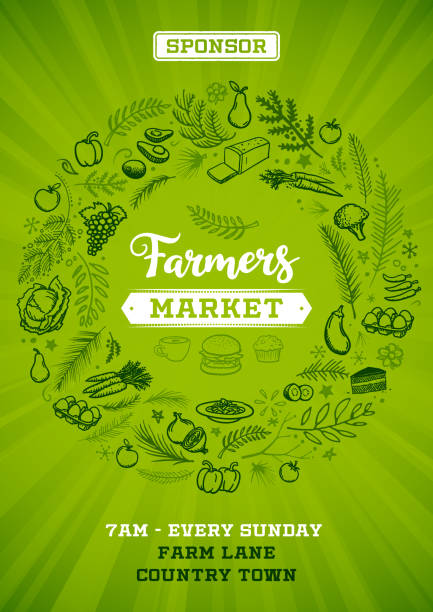 ilustraciones, imágenes clip art, dibujos animados e iconos de stock de cartel del mercado de agricultores verdes - farmers market