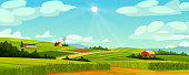 istock Green fields landscape of farmland, barns and farms, rural houses and windmills. Vector pasture with buildings, green grass, meadows and trees, blue sky on background. Country agriculture farmland 1317288349