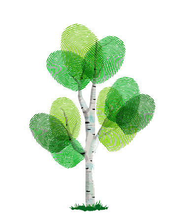 Fingerprint tree made of green human finger print. Identity concept, environment help or earth care. EPS10 vector.