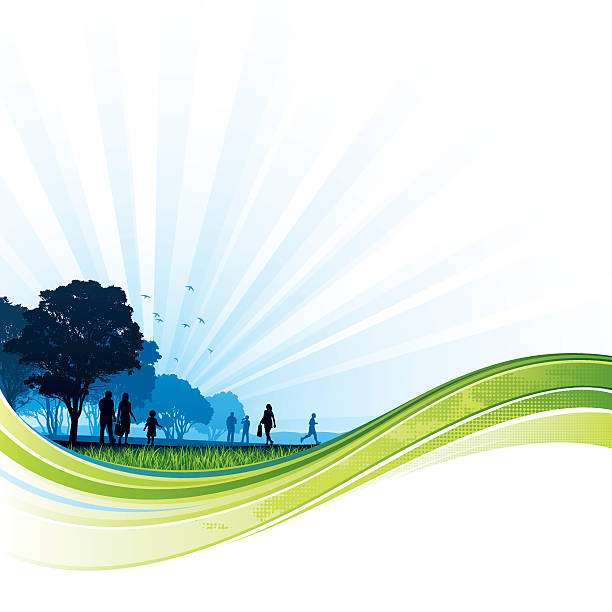 Green flow park background Silhouettes of people walking through a park behind a green flow design. family backgrounds stock illustrations