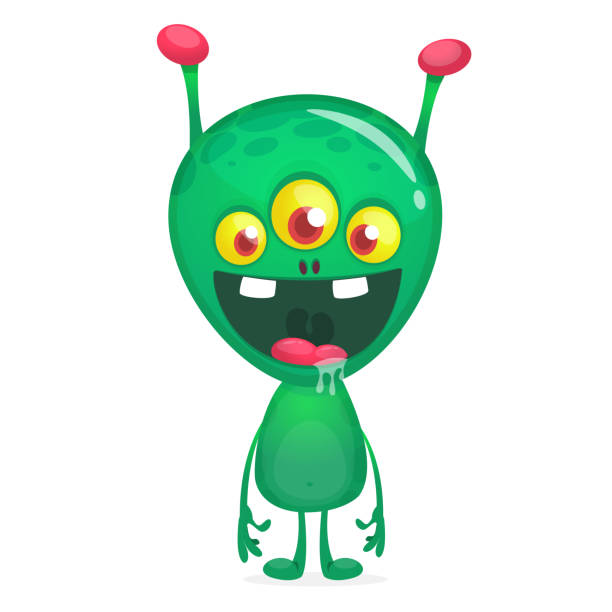 Green funny happy cartoon alien Green funny happy cartoon alien. Green vector alien character with three eyes. Halloween design animal antenna stock illustrations