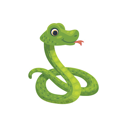 Green funny snake cartoon character curled up in a ball, flat vector illustration isolated on white background. Comic smiling childish snake with big eyes and smile.