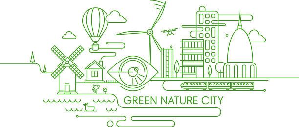 Green future city illustration. Abstract line illustration of city inoovaitons from past to future, with windmill, hot air balloon, buildings and drone. drone silhouettes stock illustrations