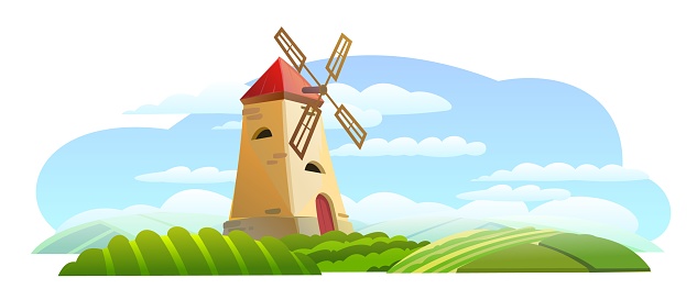 Green Garden rural farm landscape with windmill. Cute funny cartoon design illustration. Isolated on white background. Flat style. Vector.