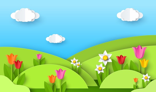 Green grass hills, flowers, blue sky with clouds, vector paper cut illustration. Nature landscape, spring background.