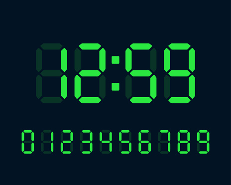 Green illuminated digital clock numbers showing time on black background