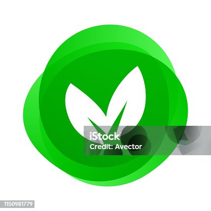 istock Green leaf vector icon. Vegan and vegetarian food, bio eco environment, green nature conservation and BPA free safe and healthy food package stamp 1150981779
