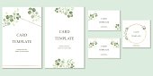Green leaves on branches with greenery and golden lines. Watercolor. A set of cards and wedding invitations, cover, rsvp, page, postcard. Vector.