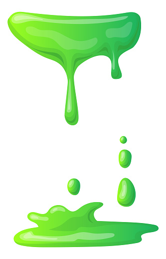 Green liquid spill with drops and splashes. Cartoon paint dripping