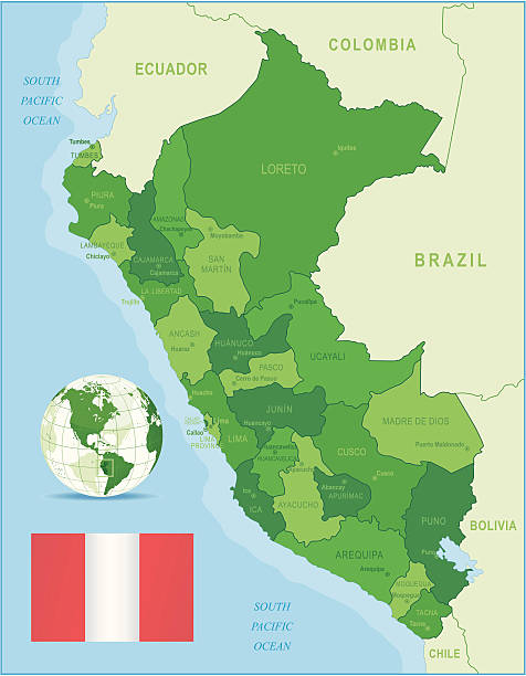 зеленая карта перу-штатах, городах и флаг - peru stock illustrations