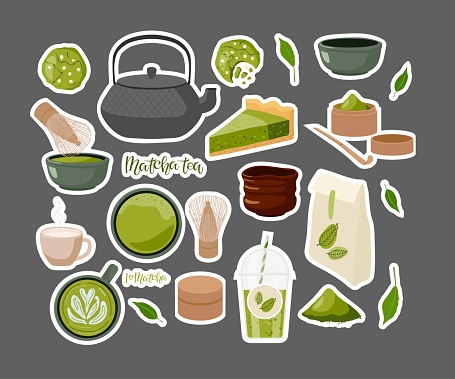 Green Matcha Tea sticker set. Set of Matcha healthy drink stickers. Japanese tea culture. Flat vector illustration Template of cards, banners, poster for shop, postcard, menu, packaging, brand, cafe