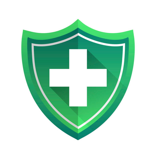 stockillustraties, clipart, cartoons en iconen met green medical health protection shield with cross. healthcare medicine protected steel guard concept symbol. vector insurance icon isolated illustration - basketball player back