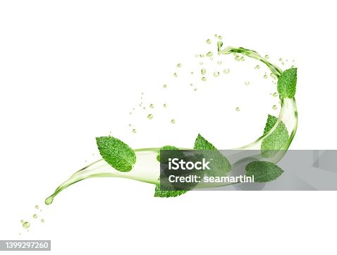 istock Green mint leaves and herbal tea wave round splash 1399297260