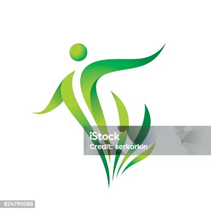 istock Green nature vector icon template. Health sign. Fitness woman concept illustration. Human character with leaves. Freedom icon. Design element. 824790088