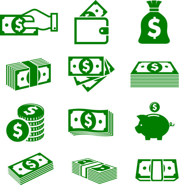 Green paper money and coins icons Green paper money and coins icons isolated on white background for business nad commerce design pile of credit cards stock illustrations