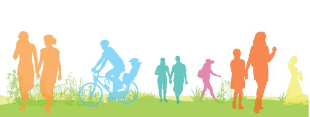 Green Park Walks A vector silhouette illustration of different lifestyles in bright colours outside on green grass.  A mother walks with her young daughter, a father rides his bicycle with his son, a woman walks alone, two young couples walk holding hands, and another woman wears a long dress/ cycling borders stock illustrations