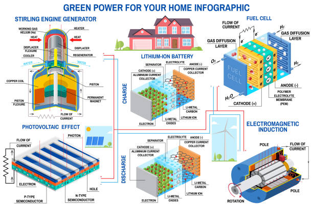 bildbanksillustrationer, clip art samt tecknat material och ikoner med green power generation infografik vindkraftverk, solpaneler, batteri, stirling motor generator, bränslecell vektor. ren, alternativ energi. - green hydrogen