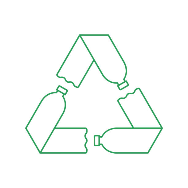 stockillustraties, clipart, cartoons en iconen met groen recyclesymbool met drie plastic flessen. plastic recyclingconcept. - gerecycled materiaal