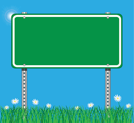 Green Road sign on Sky Background