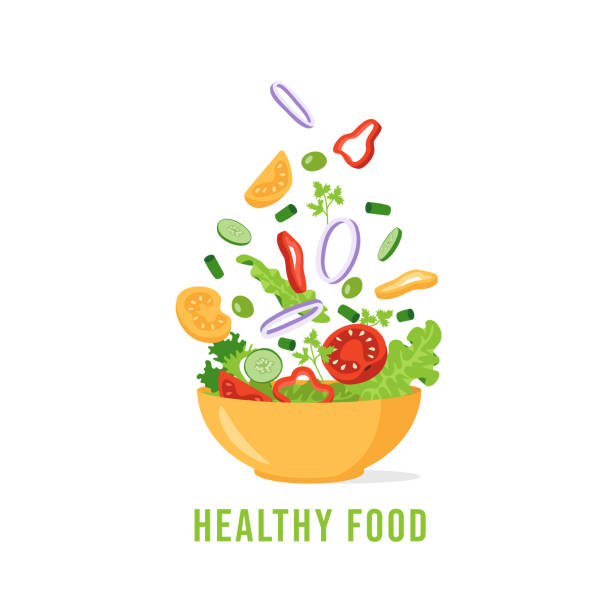新鮮蔬菜的綠色沙拉。有機健康飲食的概念。番茄,黃瓜,生菜,歐芹,橄欖,洋蔥,甜椒。平面樣式的向量插圖。 - salad 幅插畫檔、美工圖案、卡通及圖標