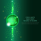 Green serum droplet on precious background and honeycomb. Collagen emulsion. Vector concept background for cosmetics.