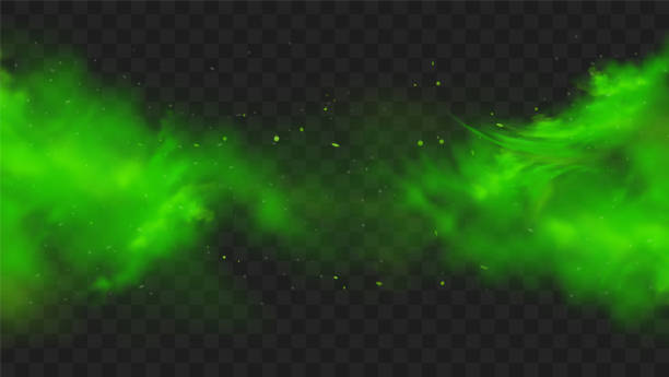 Green smoke isolated on transparent background. Realistic green bad smell, magic mist cloud, chemical toxic gas, steam waves. Realistic vector illustration Green smoke isolated on transparent background. Realistic green bad smell, magic mist cloud, chemical toxic gas, steam waves. Realistic vector illustration. colored powder stock illustrations