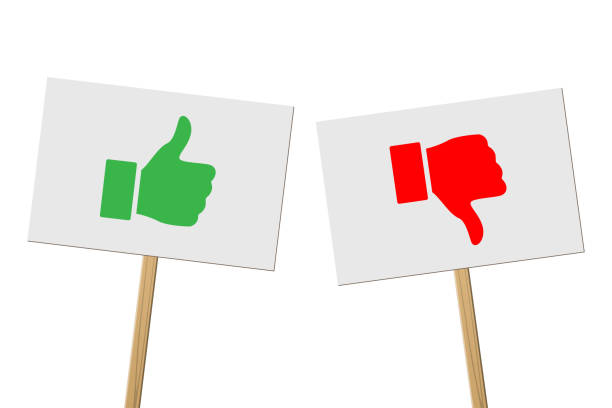 ilustrações de stock, clip art, desenhos animados e ícones de green thumbs up and red thumbs down signs on banners on wood sticks. vector protest signs with thumb up and red thumb down symbols isolated on white background. - wooden sign board against white