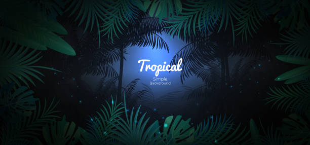 暗いジャングルシーンの背景に緑の熱帯花の背景 - 雨林点のイラスト素材／クリップアート素材／マンガ素材／アイコン素材